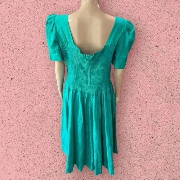 Lord & Taylor 1980’s fit n flare brocade vintage green dress with pockets-L - Picture 5 of 12